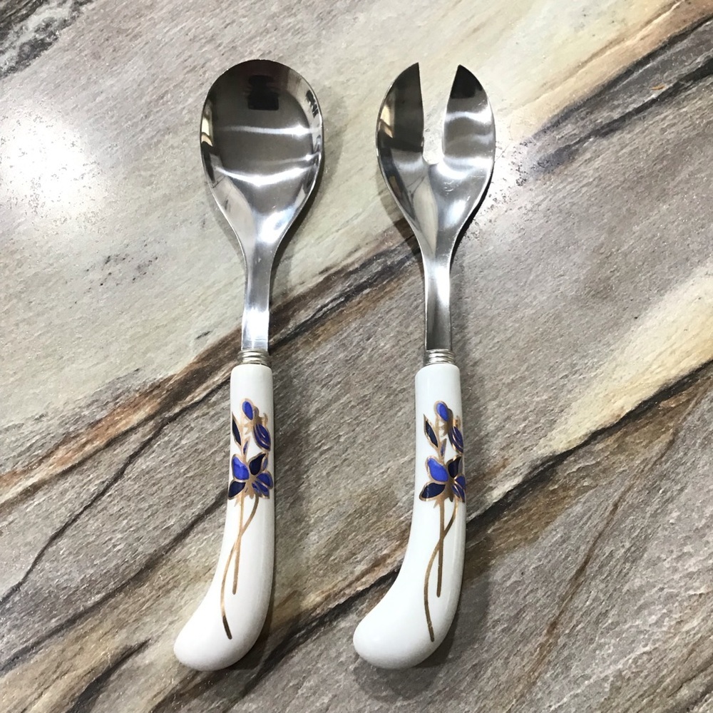 Vintage Salad Serving Set Blue Floral Porcelain Handle Spoon & Fork 8.5” Elegant